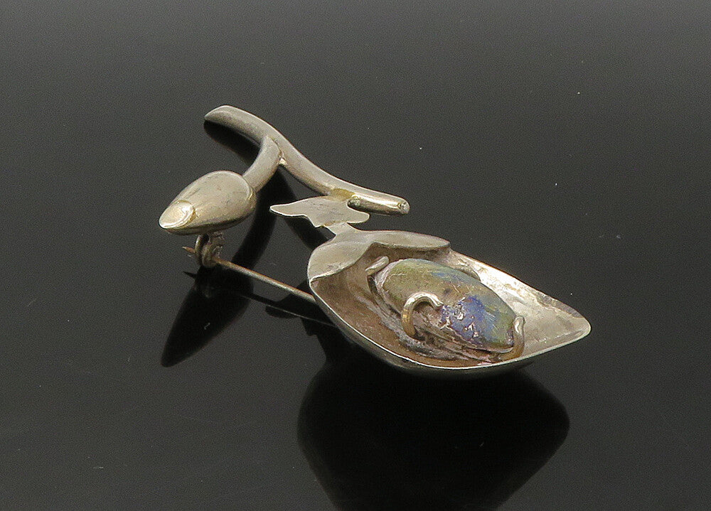 925 Sterling Silver  Vintage Jasper Shiny Flower Motif Brooch Pin  BP8795
