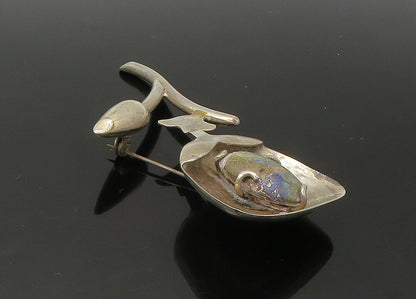 925 Sterling Silver  Vintage Jasper Shiny Flower Motif Brooch Pin  BP8795