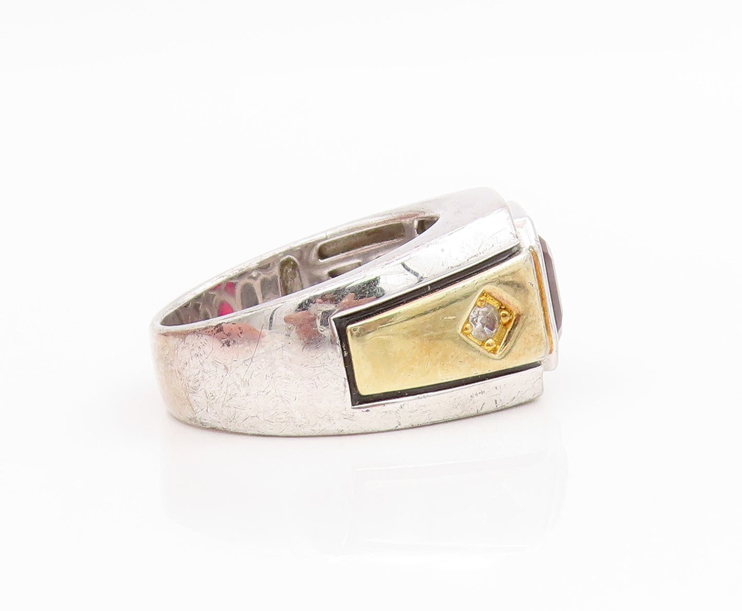 925 Sterling Silver Vintage Ring Cushion Cut CZ Two Tone Band  Sz 10.5  RG34377