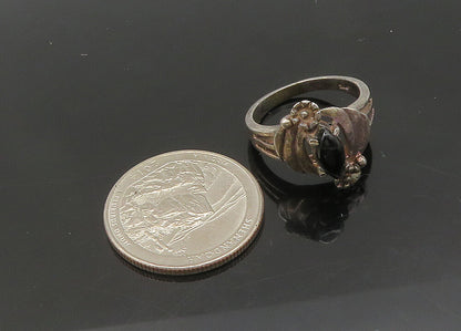 925 Sterling Silver  Vintage Black Onyx Floral Motif Band Ring Sz 6.5  RG21212