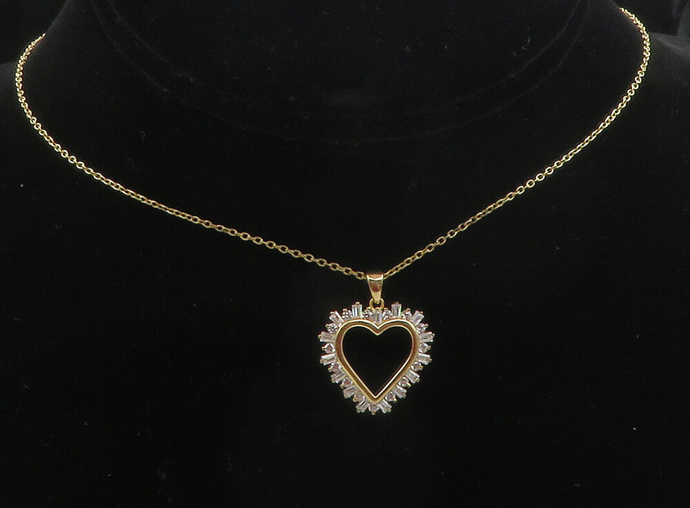 925 Sterling Silver  Cubic Zirconia Gold Plated Heart Chain Necklace  NE2052