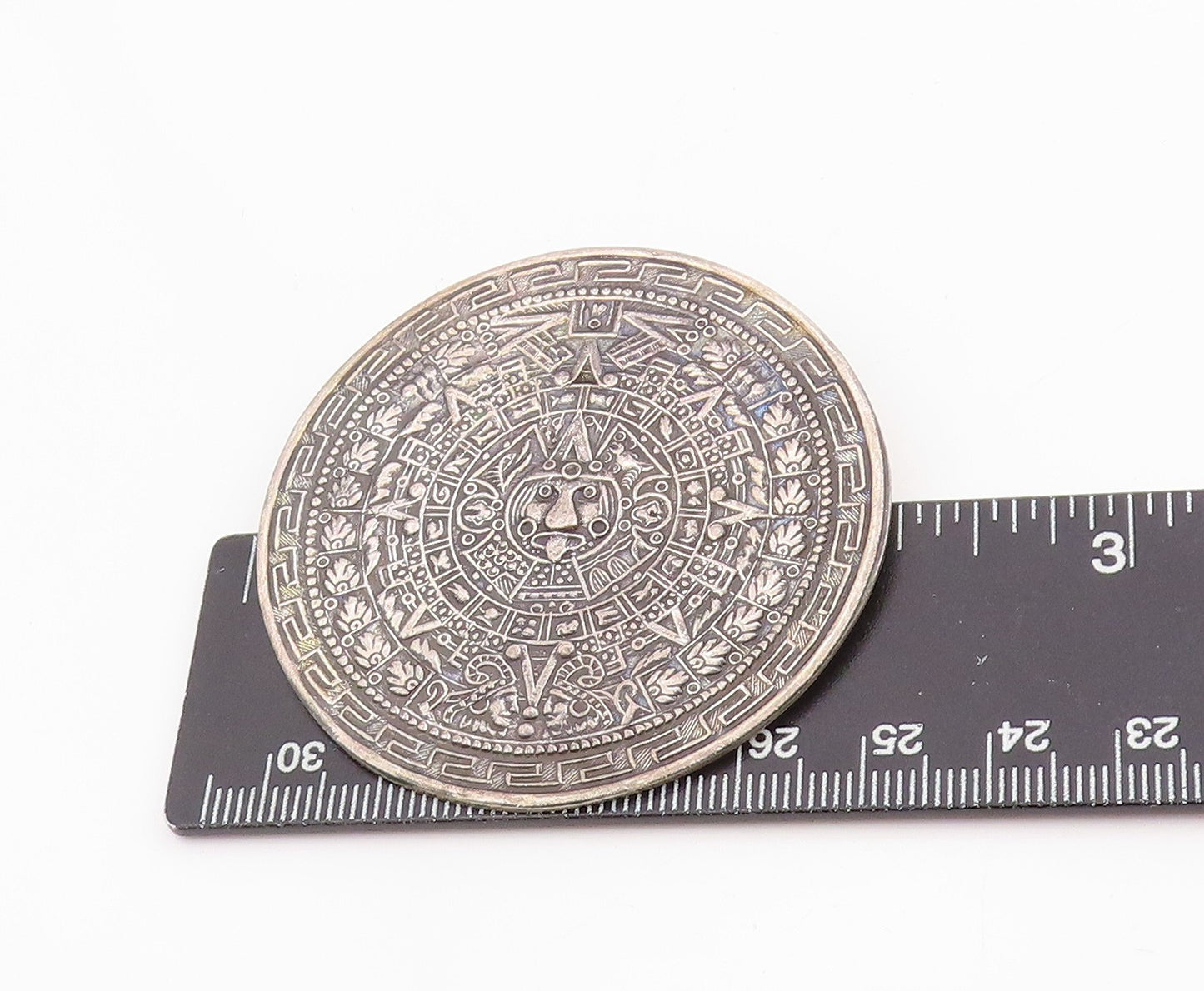 925 Sterling Silver Vintage Brooch Ancient Aztec Calendar Medallion Pin  BP11988