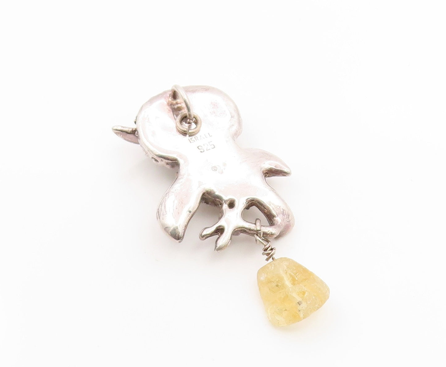 925 Sterling Silver Vintage Pendant ISRAEL Citrine Figural Wise Owl  PT26250