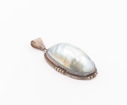 925 Sterling Silver  Vintage Blue Mother Of Pearl Oval Dome Pendant  PT19192