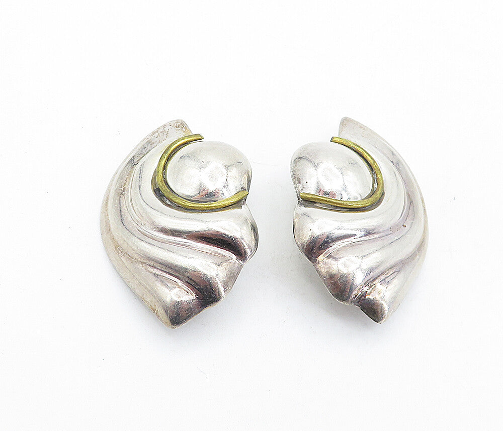 MEXICO 925 Silver  Vintage Two Tone Fluted Swirl Non Pierce Earrings  EG2623