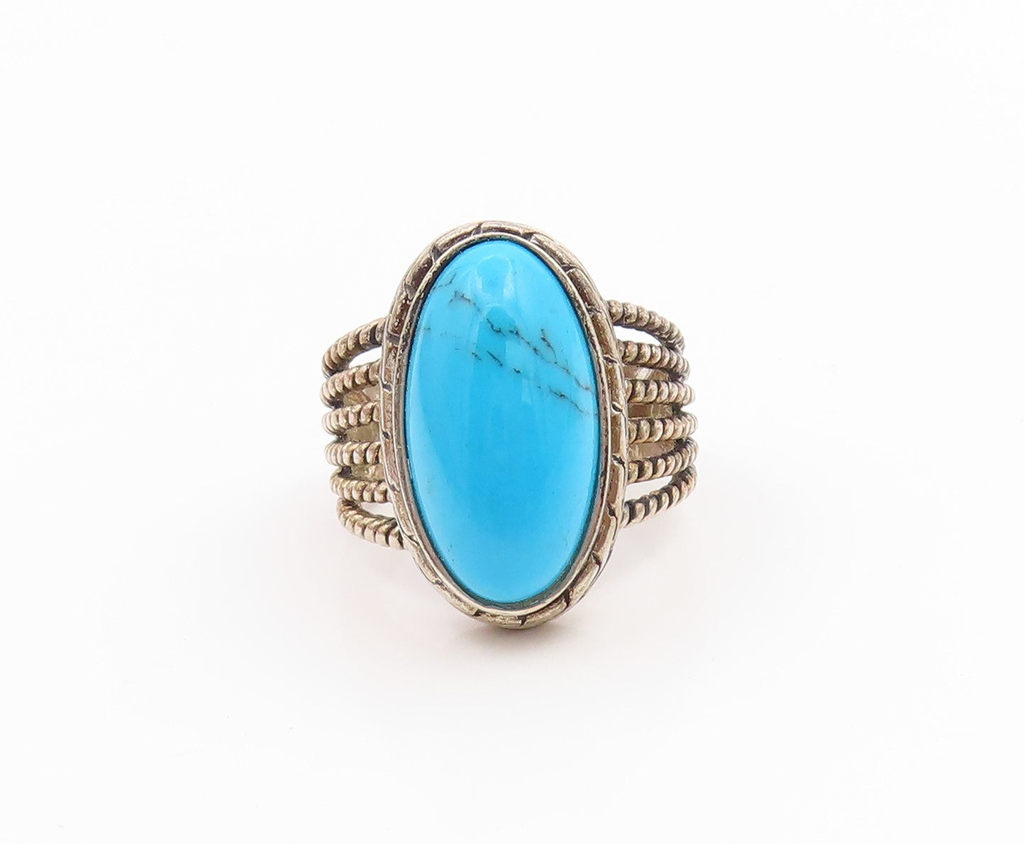 925 Sterling Silver Vintage Ring Cabochon Turquoise Statement Band Sz 8 RG34740