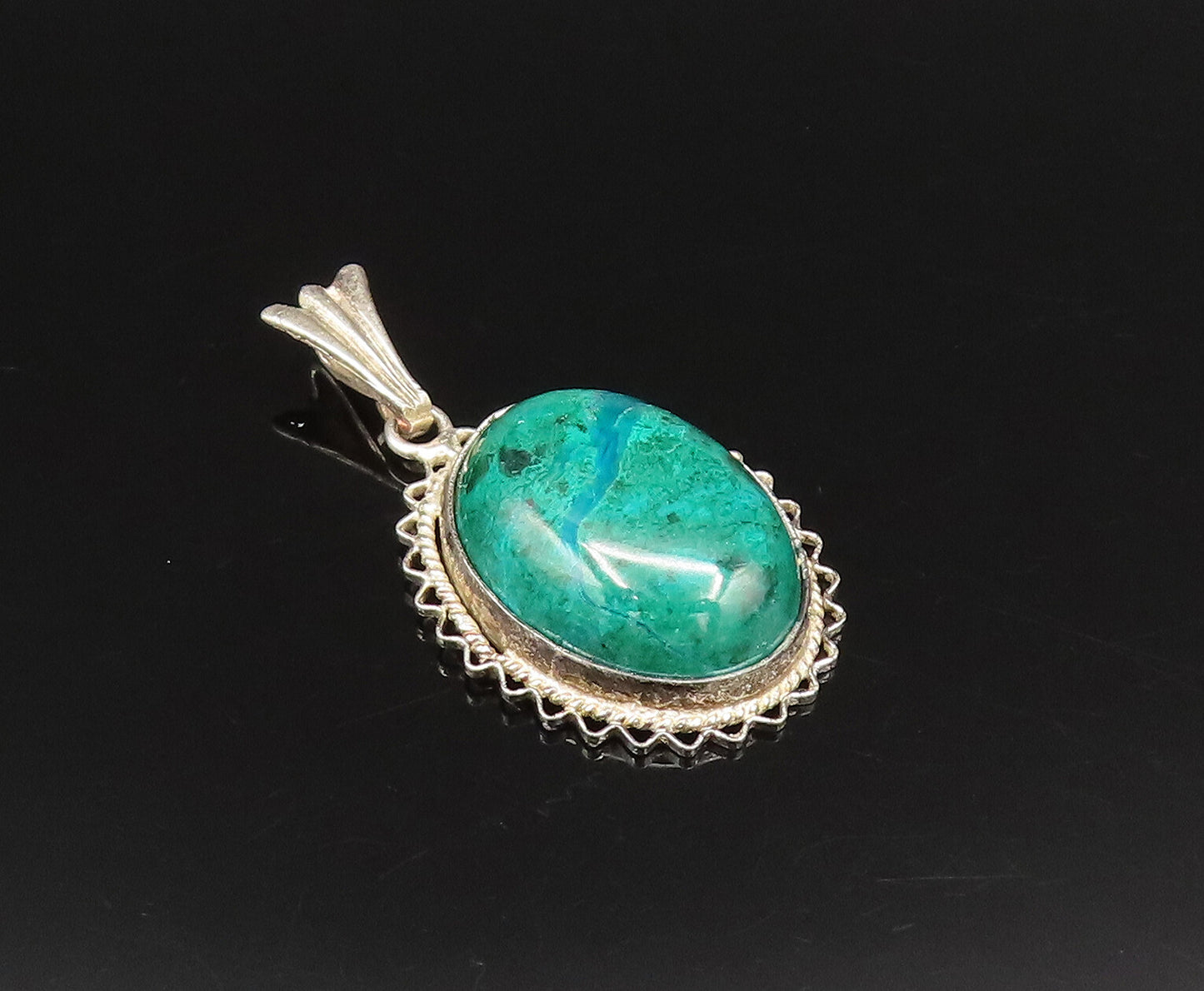 925 Silver  Vintage Wavy & Twisted Rope Edge Chrysocolla Pendant  PT21458
