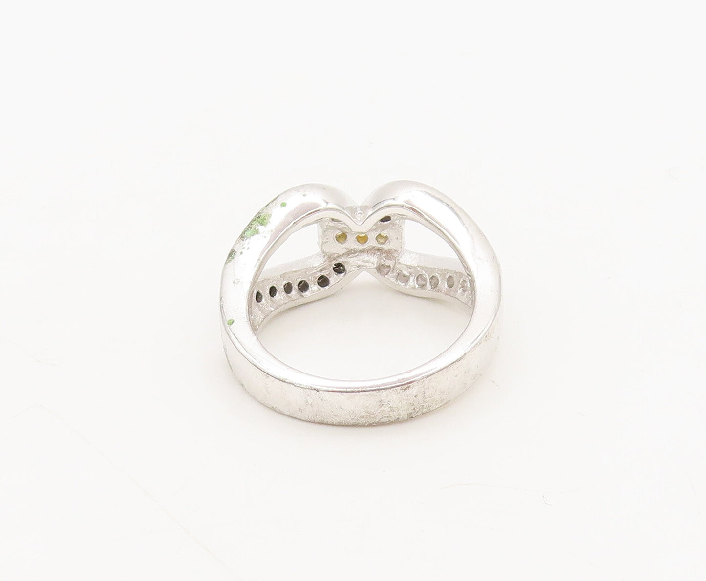 925 Silver  Vintage Inlay Black White & Golden CZ Lock Loop Ring Sz 7  RG27255