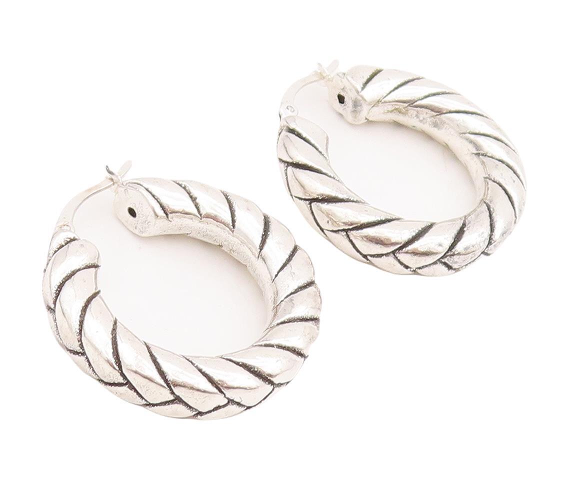925 Sterling Silver Vintage Earrings Solid Twisted Rope Etched Hoops  EG13088