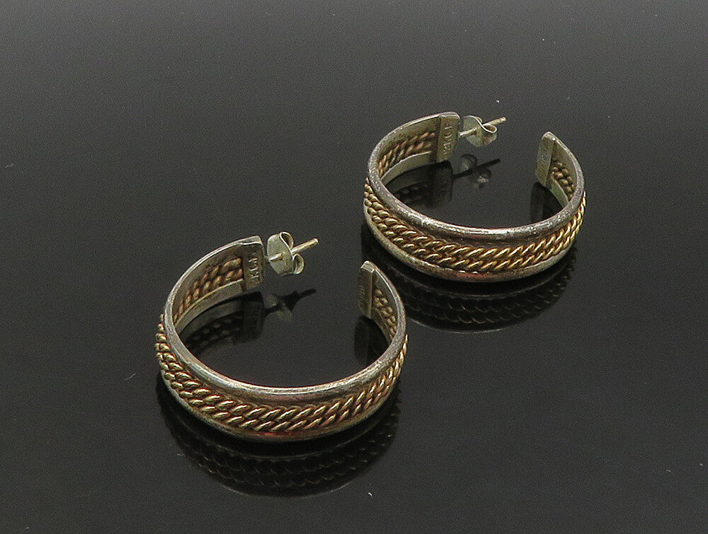925 Sterling Silver  Vintage Two Tone Twist Raised Edge Hoop Earrings  EG11486
