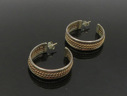 925 Sterling Silver  Vintage Two Tone Twist Raised Edge Hoop Earrings  EG11486