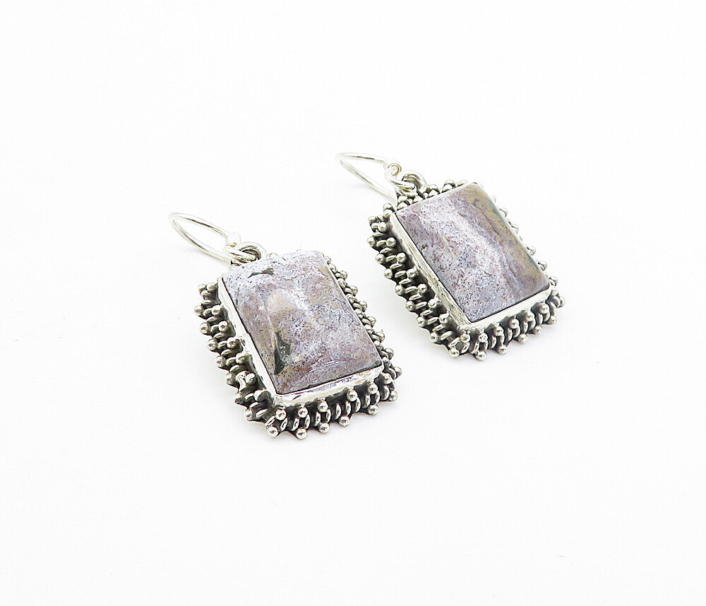 925 Sterling Silver  Vintage Cabochon Cut Jasper Square Dangle Earrings EG3117