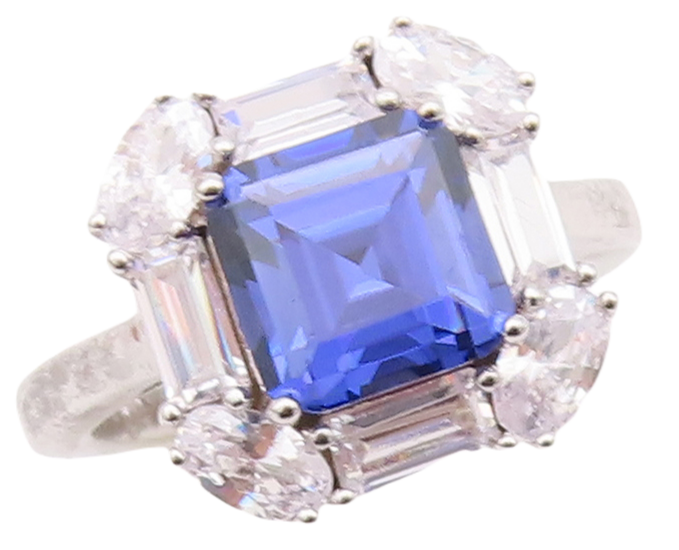 925 Sterling Silver Vintage Ring Square Cut Sapphire Halo Topaz  Sz 7 RG29304