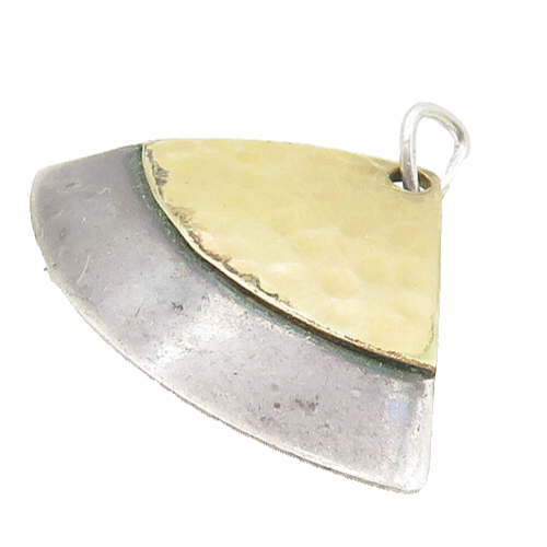 925 Sterling Silver  Vintage Two Tone Hammered Fan Shaped Pendant  PT13971