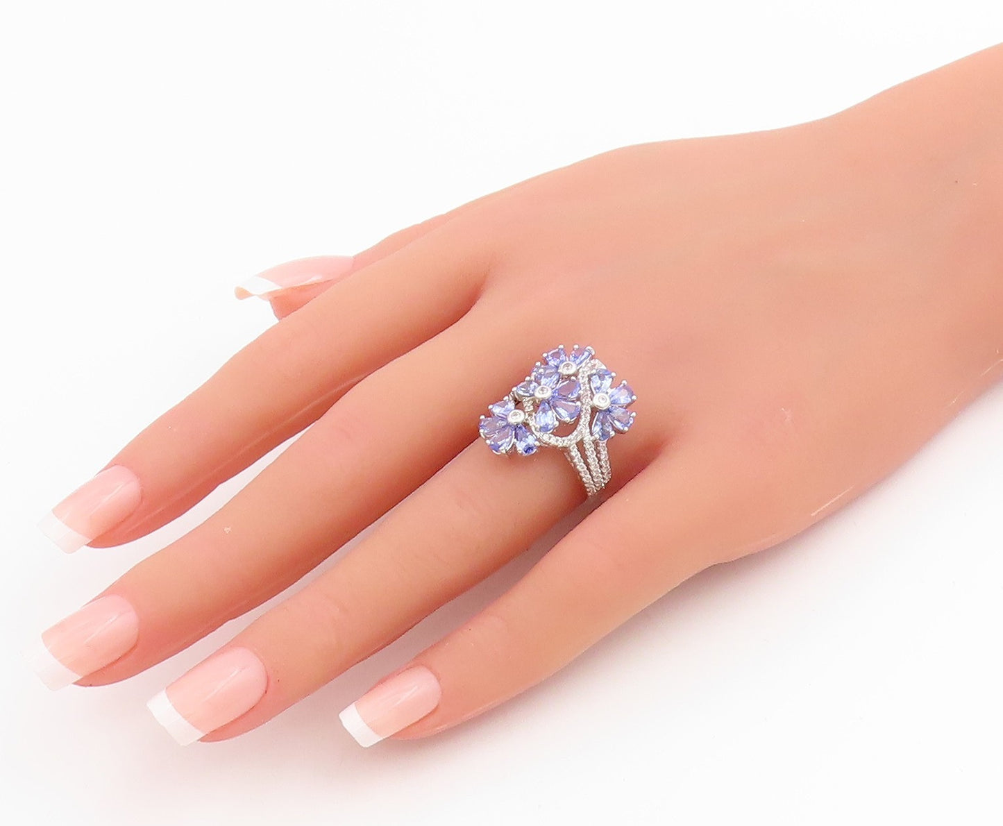 925 Sterling Silver Vintage Ring Tanzanite & CZ Floral Design Band Sz 7 RG33882