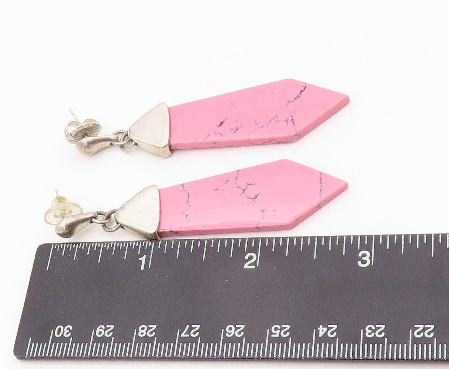 925 Sterling Silver Vintage Earrings Large Cutout Pink Turquoise Tie  EG13356