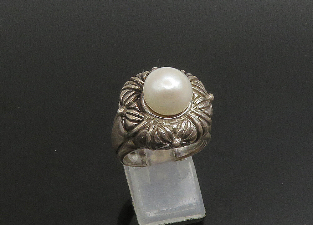 925 Sterling Silver   Vintage Cultured Pearl Floral Cocktail Ring Sz 8 RG23372