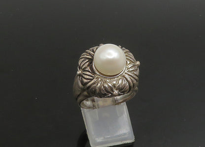 925 Sterling Silver   Vintage Cultured Pearl Floral Cocktail Ring Sz 8 RG23372