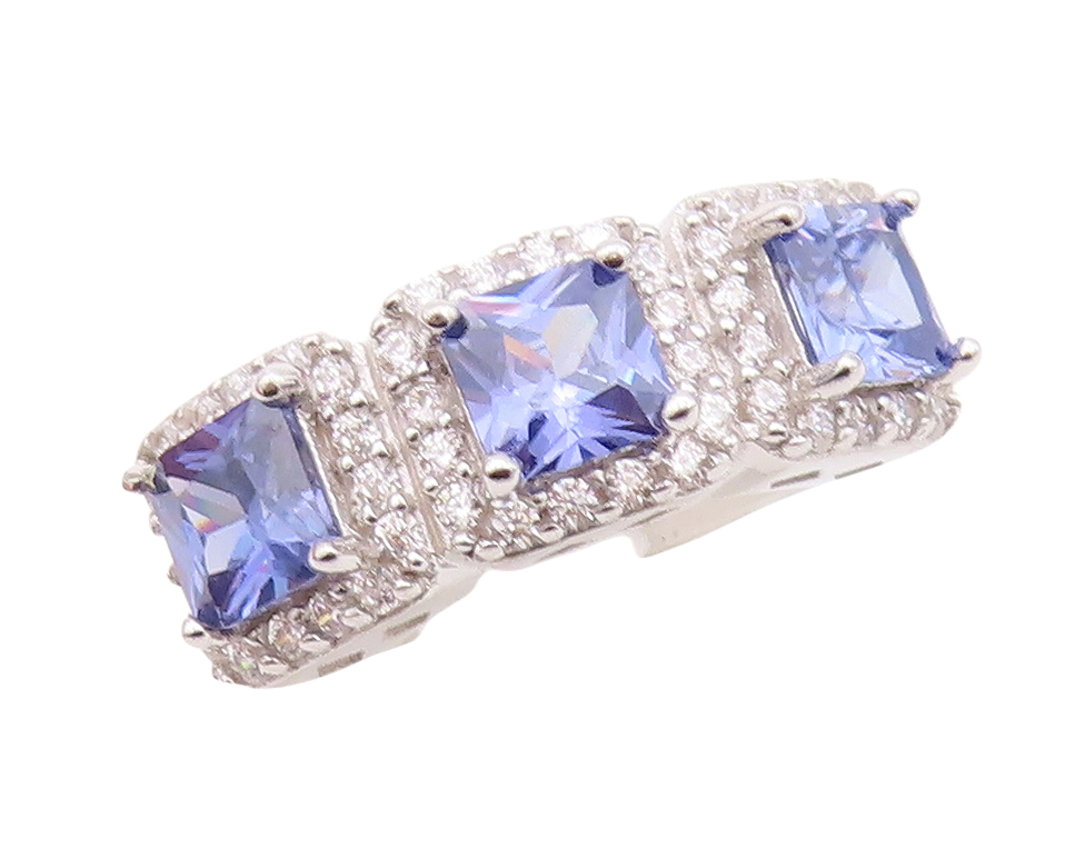 925 Sterling Silver Vintage Ring Square Cut Blue Halo White CZ  Sz 7  RG29937