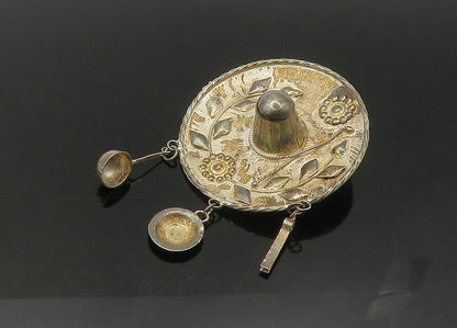 MEXICO 925 Sterling Silver  Vintage Floral Sombrero Hat Brooch Pin  BP8694