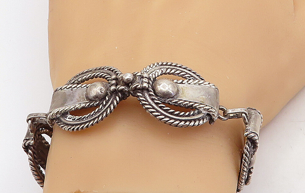 925 Sterling Silver  Vintage Dark Tone Round Twist Link Chain Bracelet  BT1851