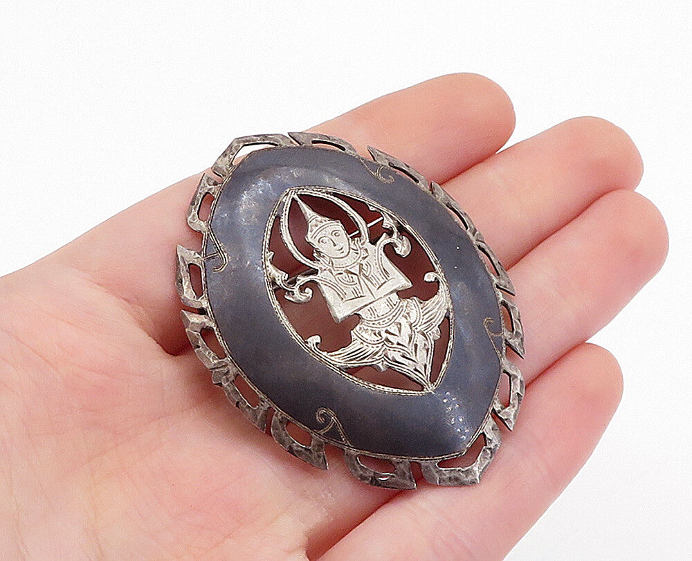 SIAM 925 Sterling Silver  Vintage Niello Dancer Open Design Brooch Pin  BP1968