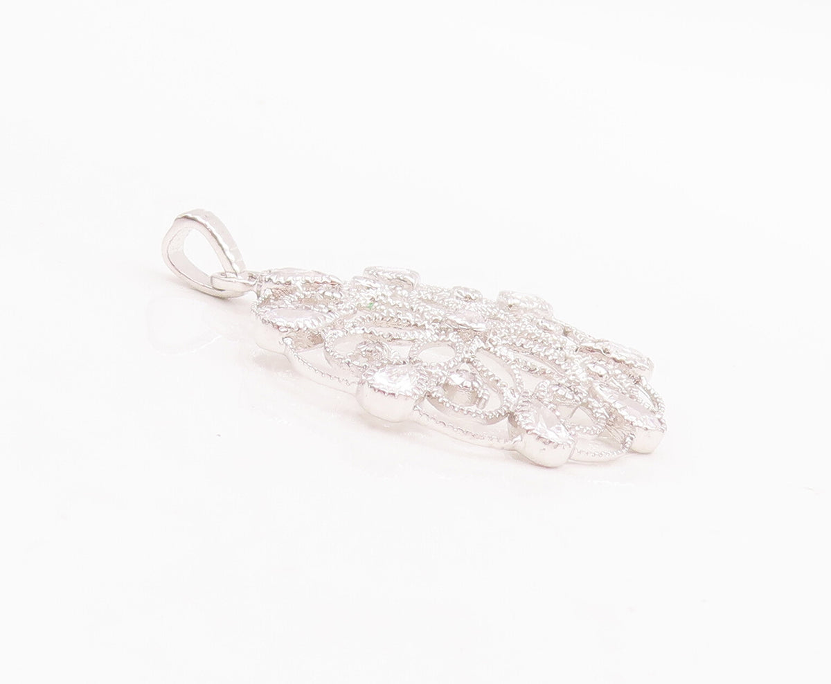 925 Sterling Silver Vintage Pendant Swirly Cutout Drop Cut CZ Flower  PT22843