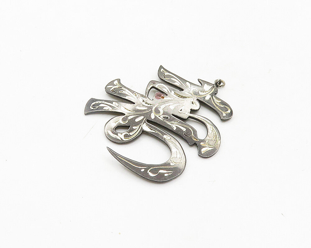 925 Silver  Vintage Diamond Cut Two Tone Chinese Character Pendant  PT15361