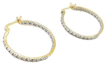 925 Sterling Silver  Genuine Diamonds Gold Plated Round Hoop Earrings  EG5364
