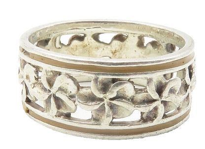 925 Sterling Silver  Vintage Flower Motif Round Band Ring Sz 8.5  RG11939