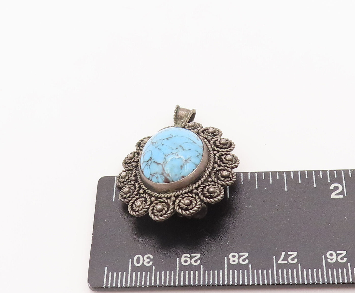 925 Sterling Silver Vintage Brooch Pin ISRAEL Turquoise Roped Flowers  BP10703