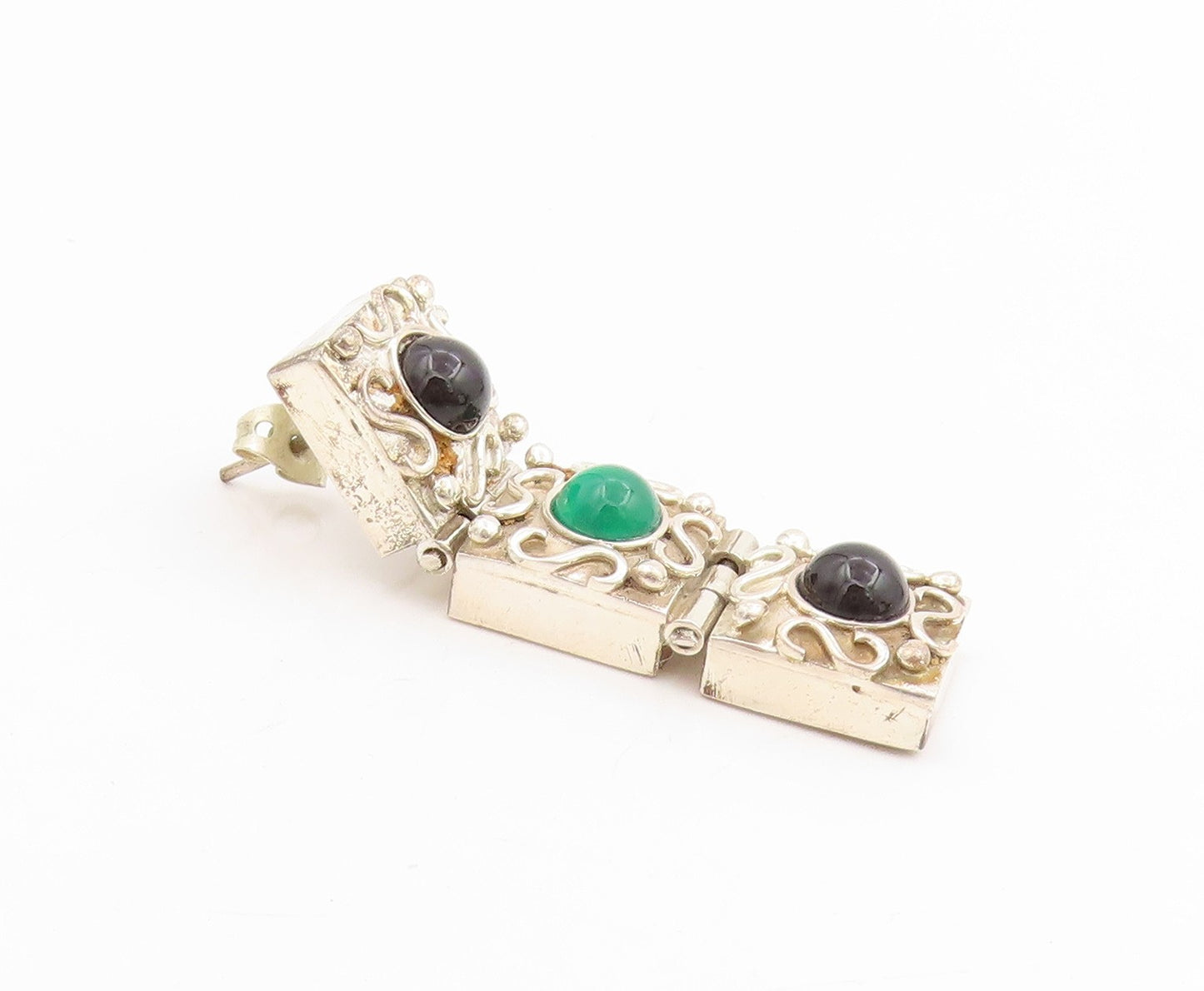 925 Sterling Silver Vintage Earrings Cabochon Onyx Geometric Panel Stud  EG13775