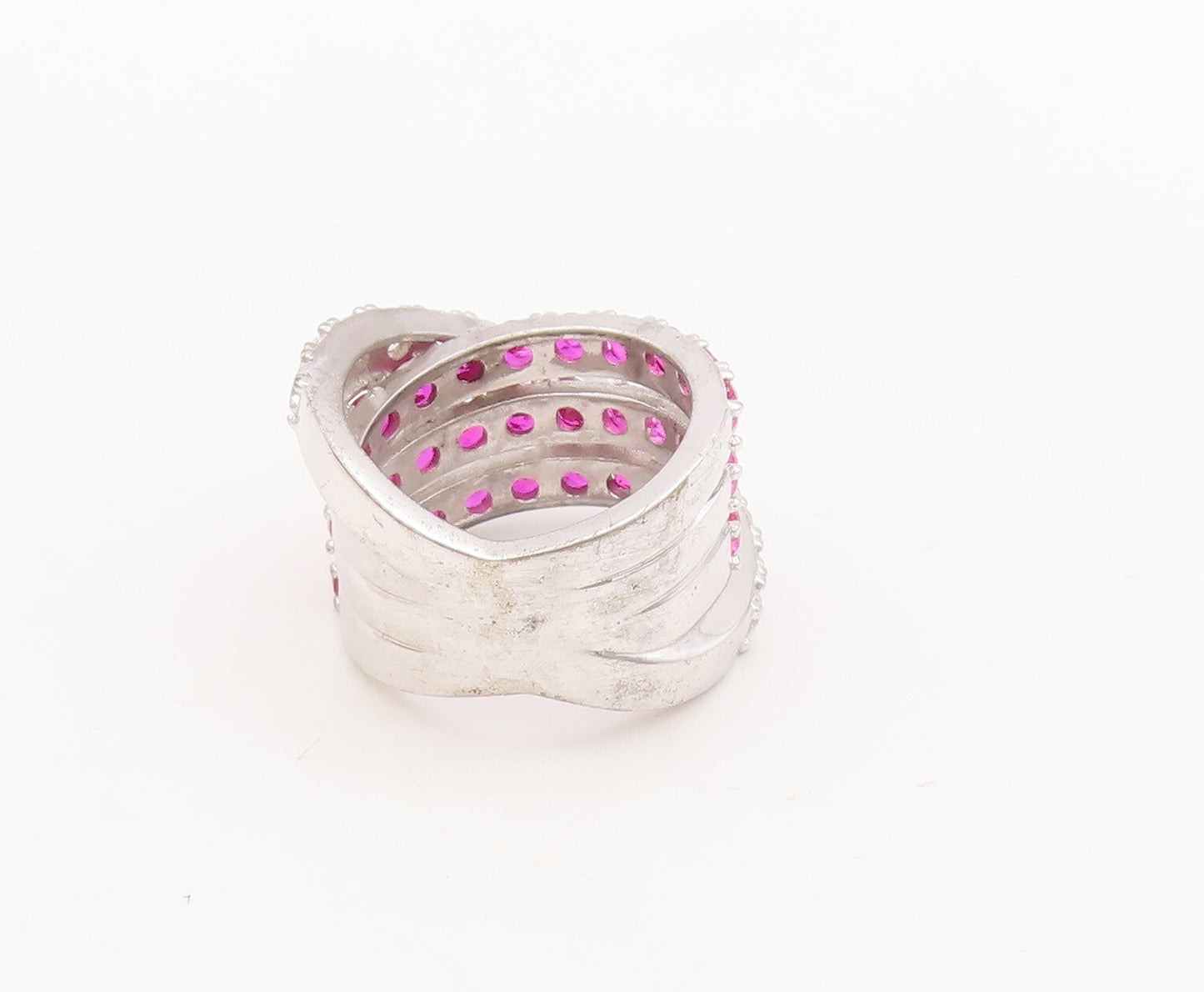 925 Sterling Silver Vintage Ring Designer Pink & White CZ Bands  Sz 6  RG29760