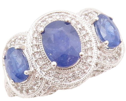 925 Sterling Silver Vintage Ring Oval Sapphire Halo CZ Inlay  Sz 7  RG30743