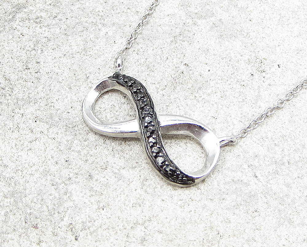 925 Sterling Silver  Genuine Black Diamond Infinity Chain Necklace  PT1355