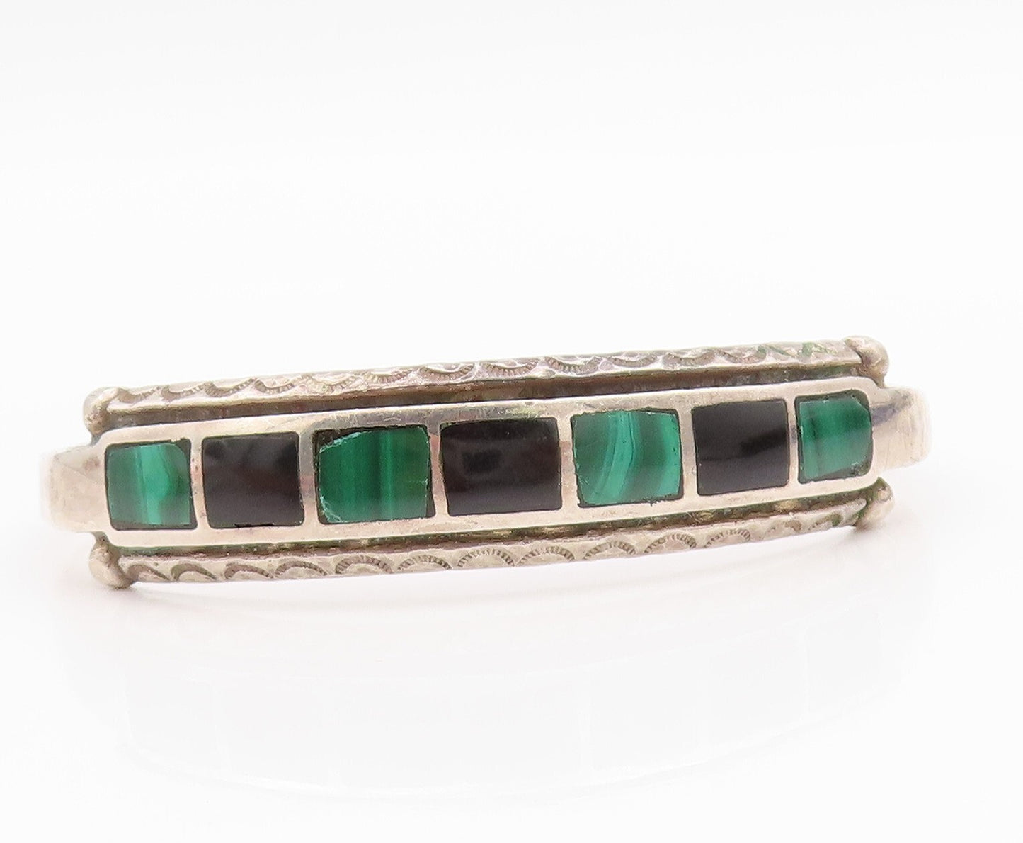 925 Sterling Silver Vintage Bracelet NAVAJO ZUNI Square Gemstone Inlay  BT10989