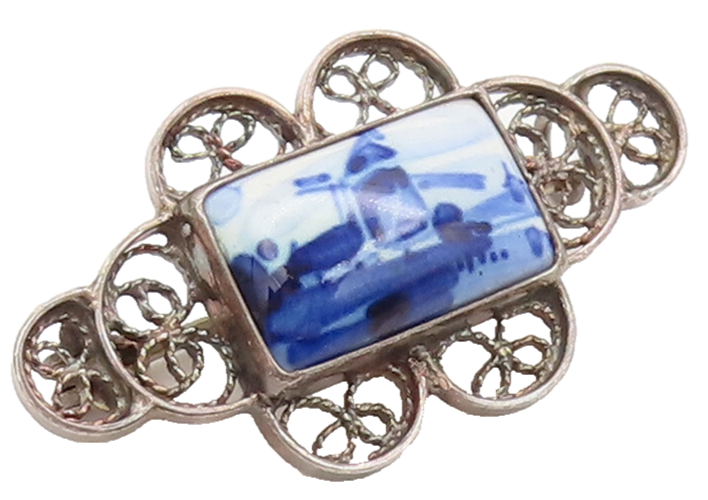 925 Sterling Silver Vintage Brooch Pin Filigree Work & Landscape Photo  BP10607