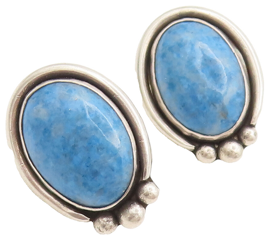 925 Silver  Vintage Oval Blue Aventurine Halo Solid Border Earrings  EG12586
