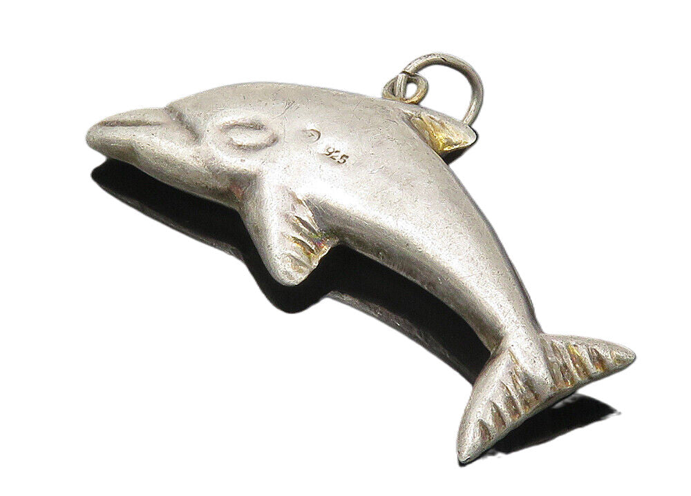 925 Sterling Silver  Vintage Hollow Leaping Dolphin Motif Drop Pendant  PT8207