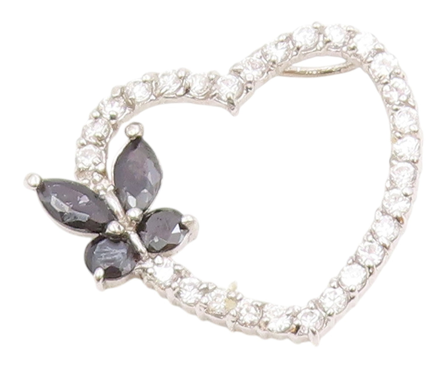 925 Silver  Vintage Cubic Zirconia & Sapphire Butterfly Heart Pendant  PT17083
