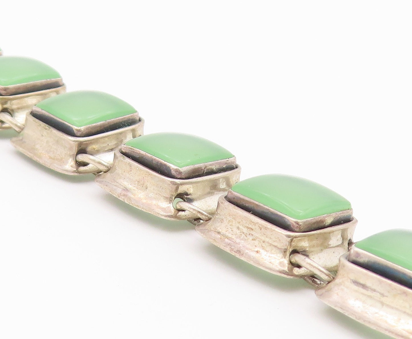 925 Sterling Silver Vintage Bracelet POLAND Jade Geometric Square Link  BT12175