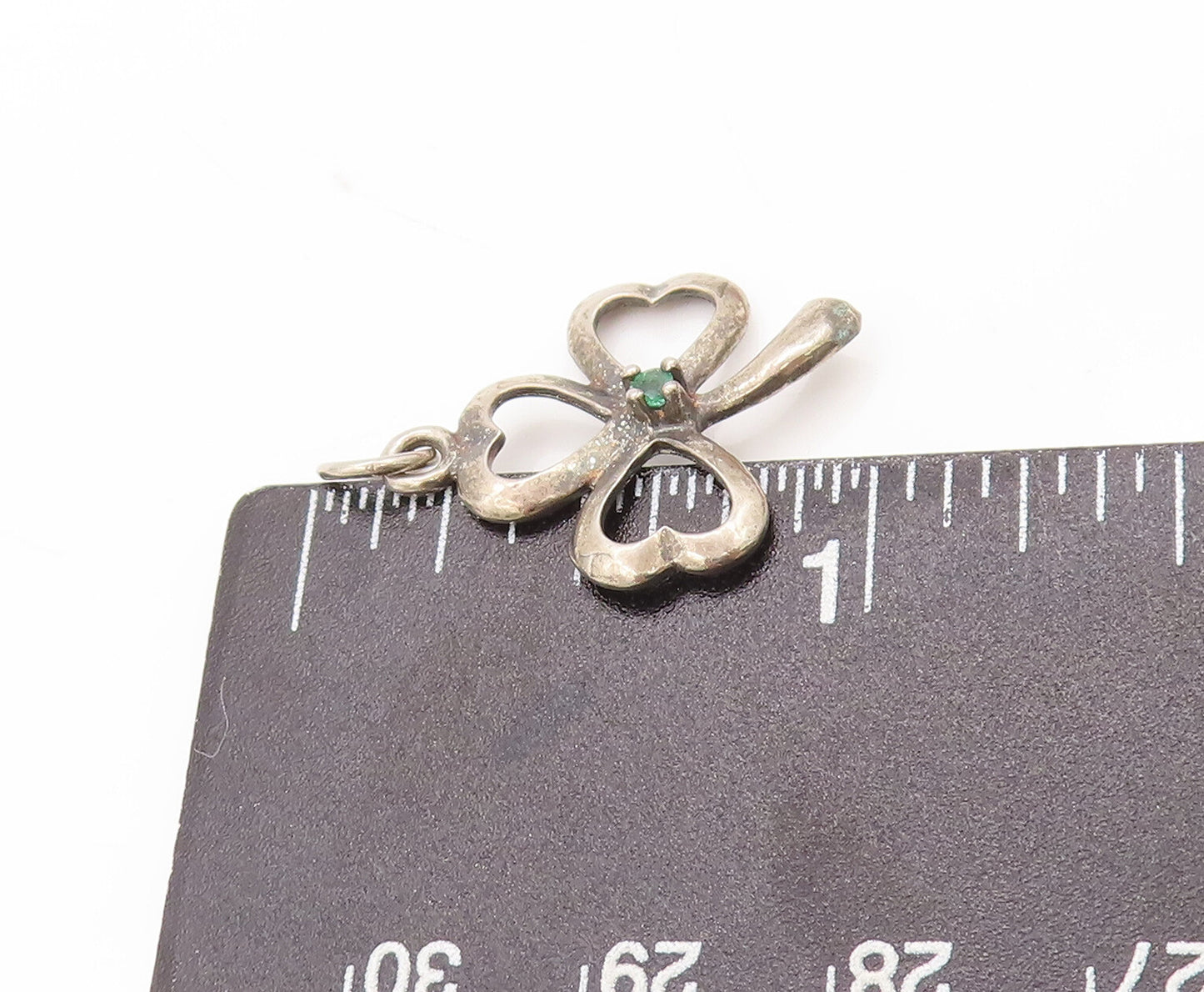 925 Sterling Silver Vintage Pendant Mini Emerald Beaded Cutout Clover  PT23072
