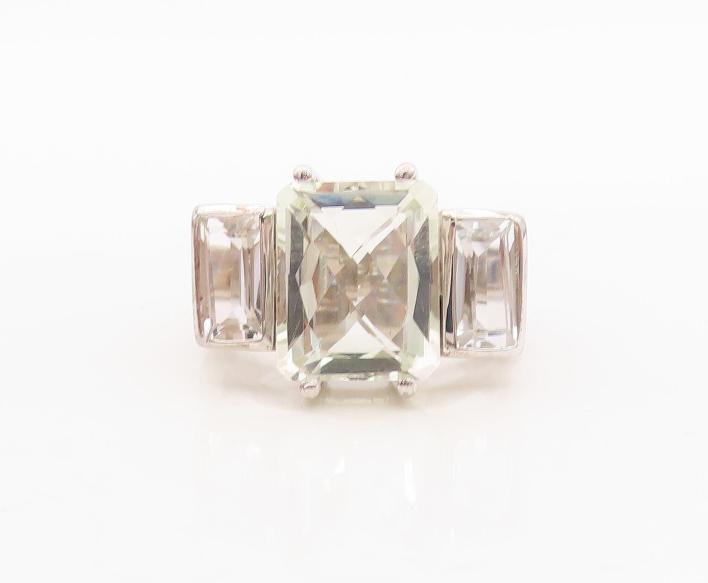 925 Sterling Silver Vintage Ring Rectangle Green Amethyst & Topaz  Sz 8  RG30012