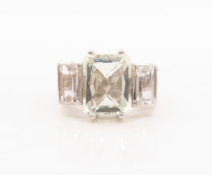 925 Sterling Silver Vintage Ring Rectangle Green Amethyst & Topaz  Sz 8  RG30012