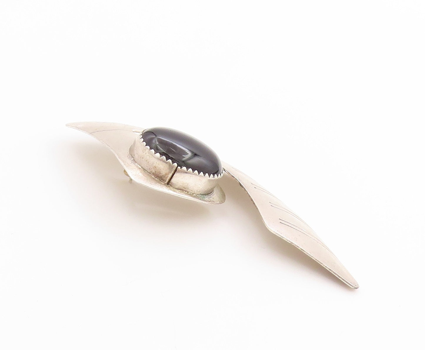 925 Sterling Silver Vintage Earrings NAVAJO Oval Cabochon Onyx Feathered EG13679