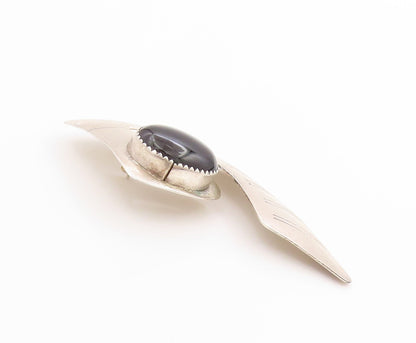 925 Sterling Silver Vintage Earrings NAVAJO Oval Cabochon Onyx Feathered EG13679