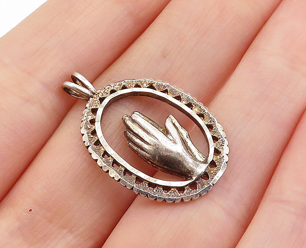 925 Sterling Silver  Vintage Prayer Hands Oval Border Drop Pendant  PT4696
