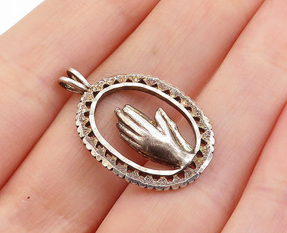 925 Sterling Silver  Vintage Prayer Hands Oval Border Drop Pendant  PT4696