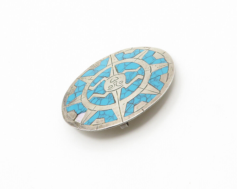 MEXICO 925 Sterling Silver  Vintage Turquoise Sun Face Brooch Pin  BP6886