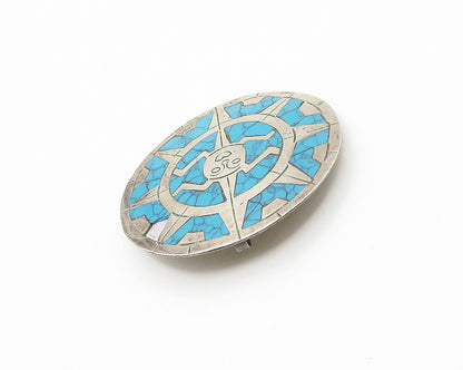 MEXICO 925 Sterling Silver  Vintage Turquoise Sun Face Brooch Pin  BP6886